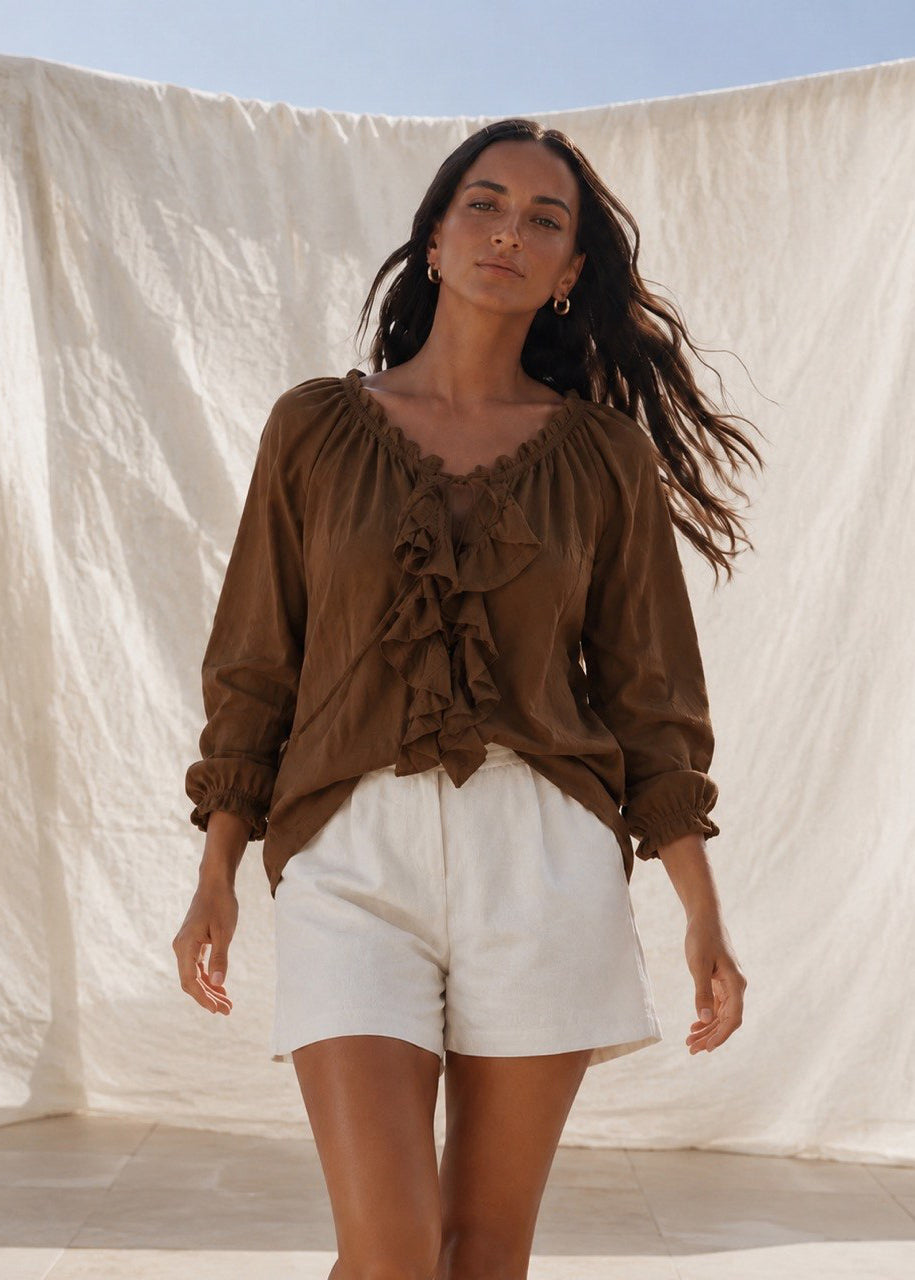 Ruffle Blouse | Brown Olive
