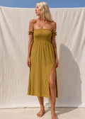 Crinkle Off Shoulder Dress | Yellow