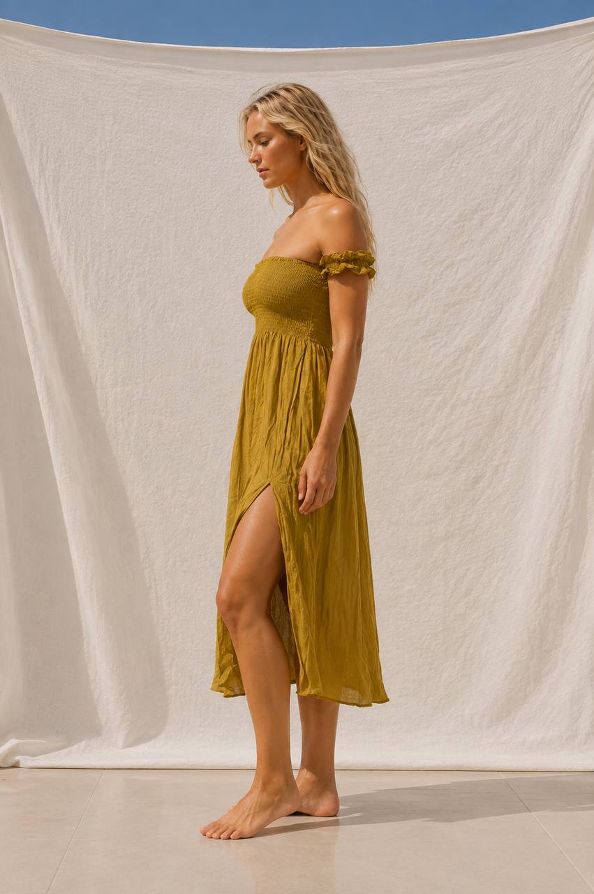 Crinkle Off Shoulder Dress | Yellow