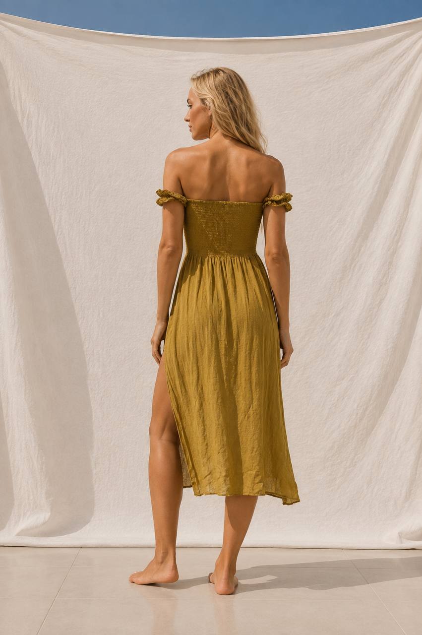 Crinkle Off Shoulder Dress | Yellow